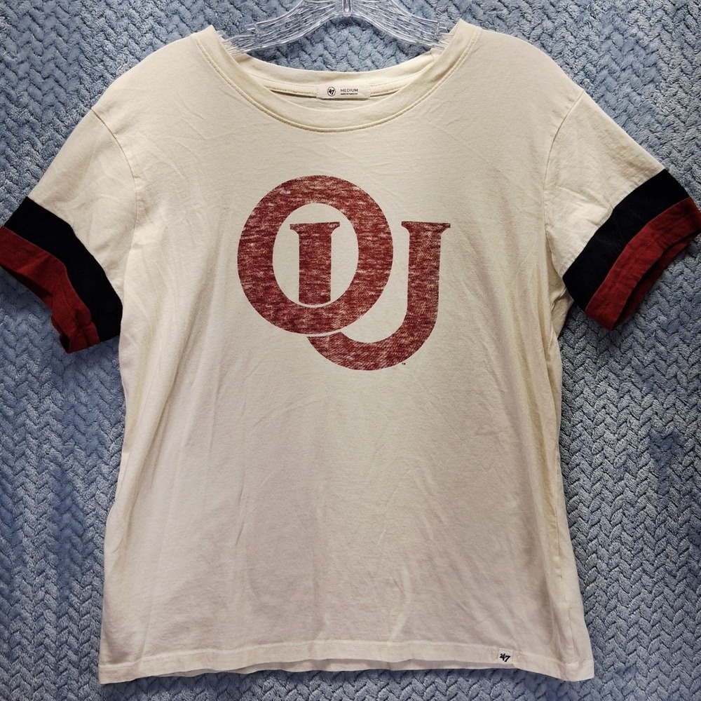 47 Brand Oklahoma Sooners OU T-Shirt Cream Crimson Black Ringer Medium EGF20B